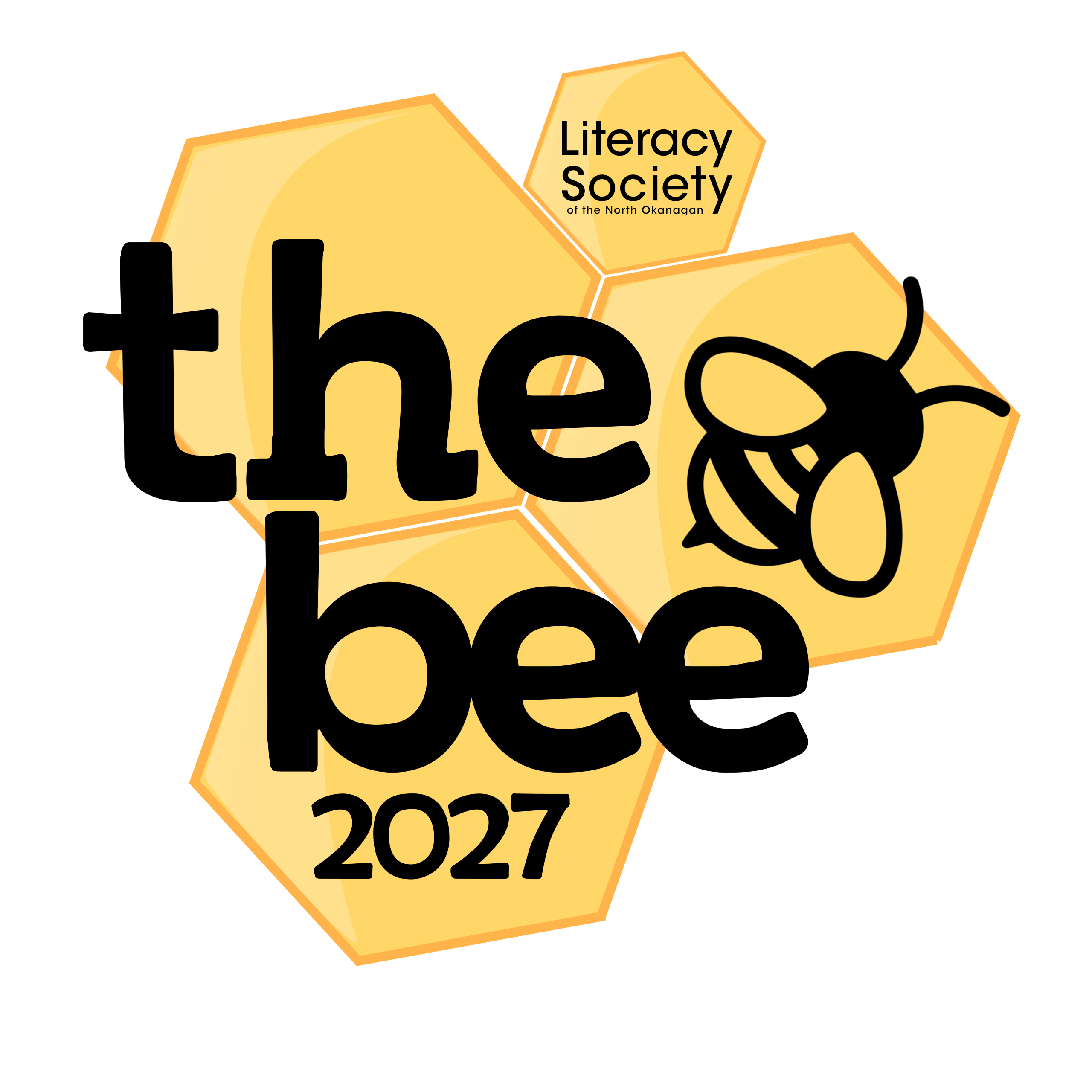 A logo for LSNO's spelling bee event. The yellow background are bee hive hexagons and there is black text that says the bee 2027 with a graphic of a honeybee.